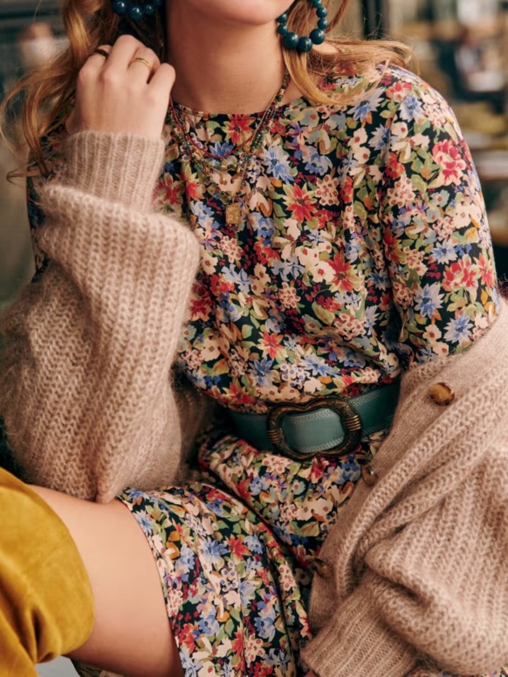 NWT SEZANE Louisa Dress, Floral Long-Sleeve Midi Dress in Fall is Blooming, US 8